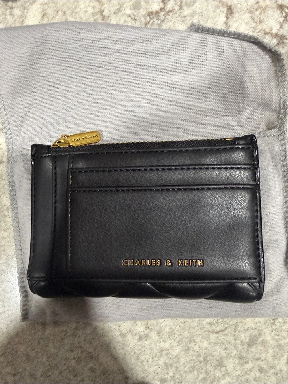 Charles & Keith Black Leather Card & Zip Holder with Gold Trim